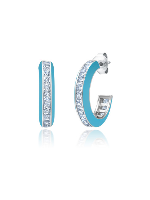 Crislu Teal Enamel Earrings in Platinum 