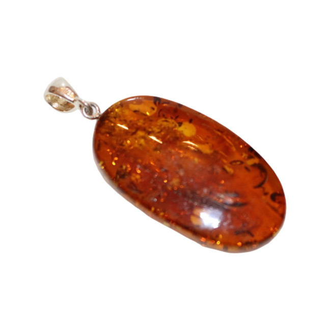 Baltic Amber Pendant - Cognac Oval Sterling Silver Polished Natural Stone