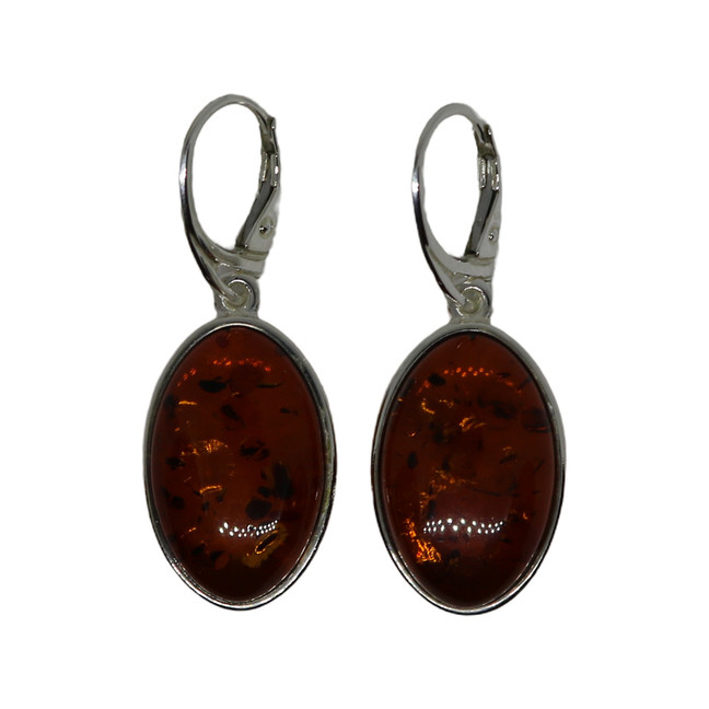 Baltic Amber Earrings - Cognac Oval Dangle Silver Leverback