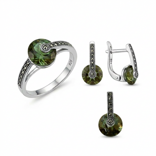Zultanite Color Changing Spinner Set in Silver with Marcasite