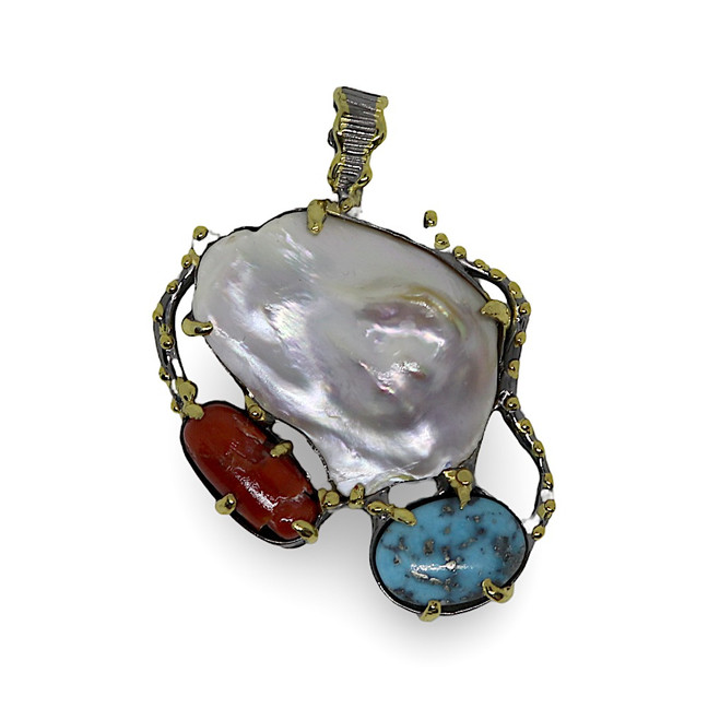 Mother of Pearl, Coral & Turquoise Mixed Gemstone Sterling Silver Pendant 