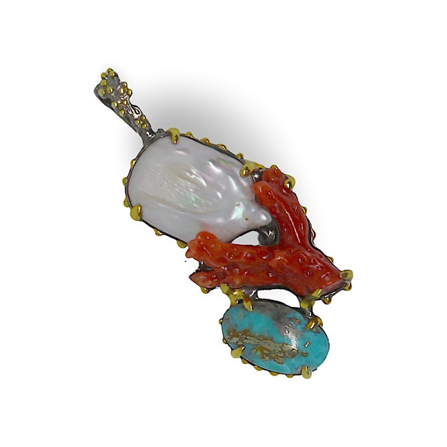 Mother of Pearl, Coral Branch & Turquoise Mixed Gemstone Sterling Silver Pendant 