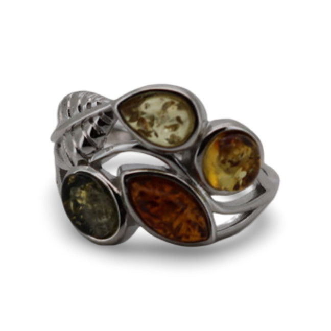 Baltic Amber - Multicolor Marquise Amber Sterling Silver Leaf Design Ring
