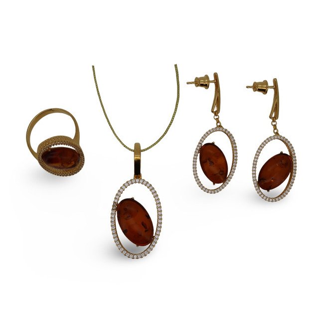 Baltic Amber Jewelry Set - Oval Halo Design Warm Cognac Amber CZ Accents In Gold Tone