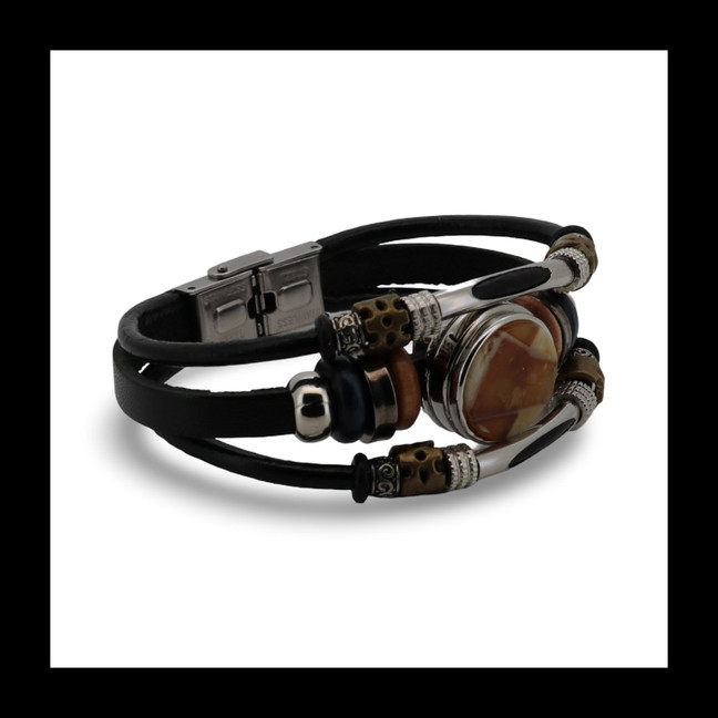 Baltic Amber Multistrand Leather Bracelet with Round Amber Centerpiece and Mixed Beads 