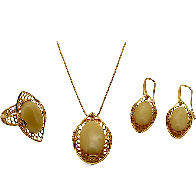Baltic Amber Jewelry Set - Vintage Filigree Butterscotch Amber Set in Gold Tone
