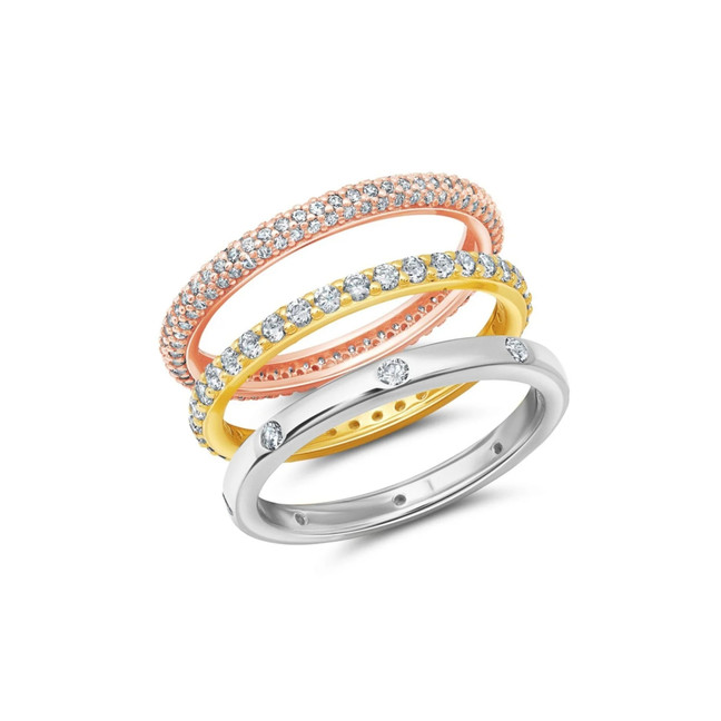 Crislu Three-Tone Stackable Ring in Platinum and Gold Plating