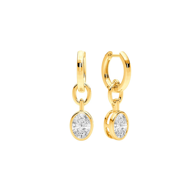 Crislu Oval Bezel Drop Hoop Earrings in Gold Plating