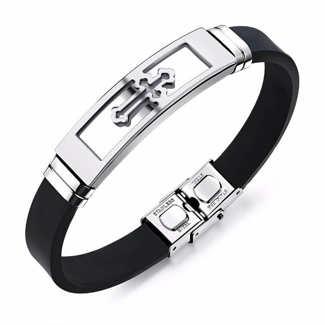 Silicone Stainless Steel Silver Cross Bracelet/Bangle For Men 