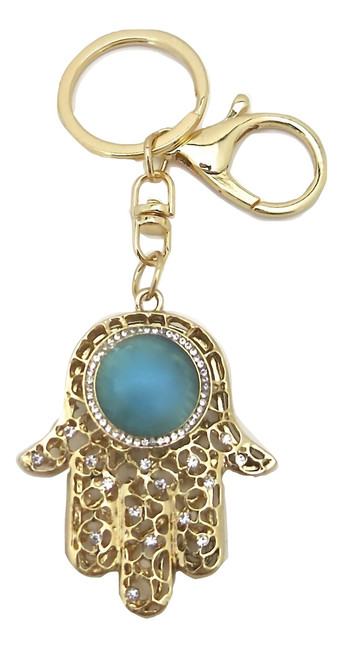 Hamsa Hand Keychain with Aqua Blue Stone