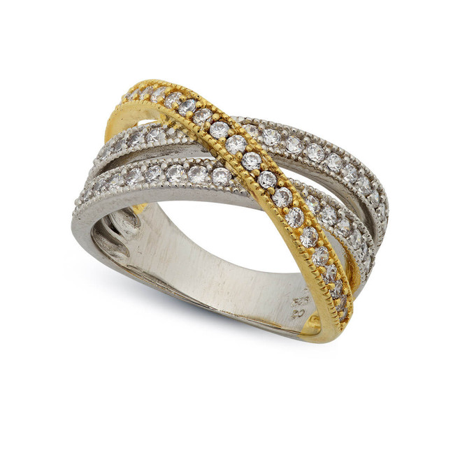 Crislu Triple Pave Criss Cross Two-Tone Ring, Yellow Gold
