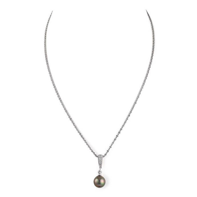 Black Round Pearl Pendant with 5 CZ on Single-Row Silver Chain