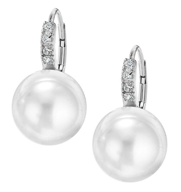 White Circular Pearl Leverback Earrings With CZ