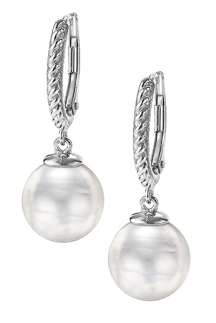 White Circular Pearl Rope Leverback Earrings, 10 mm