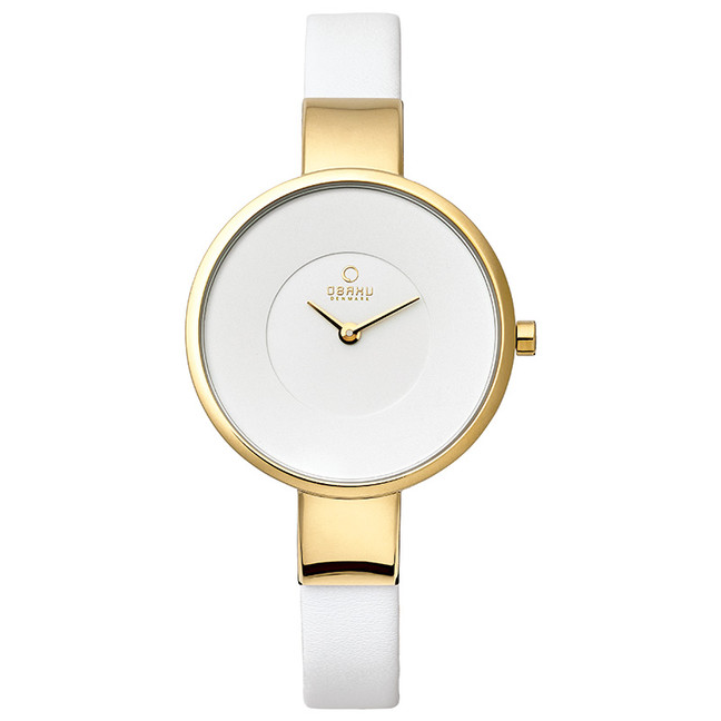 OBAKU Women's  Watch with White Leather Strap and Gold Case