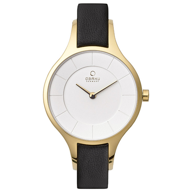 OBAKU Women's  Watch with Black Leather Strap and Gold Case