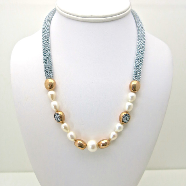 Adami & Martucci Silver Mesh Necklace with Gold Beads and Pearls