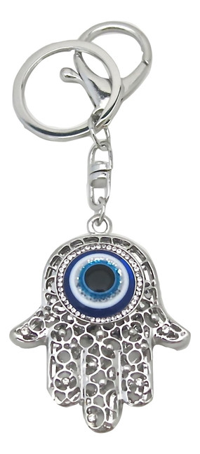 Hamsa Hand Keychain with Evil Eye Protection, Silver-Tone