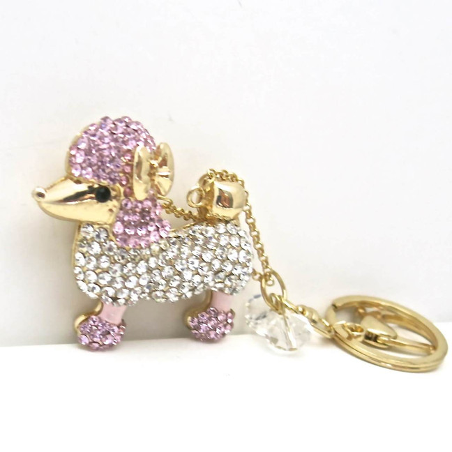 Fashion Poodle Dog Keychain with Chain and Pink Rhinestones
