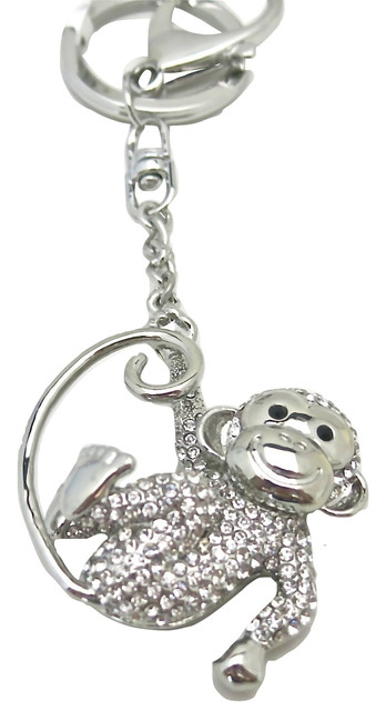 Hanging Monkey Keychain with Rhinestones in Silver Tone