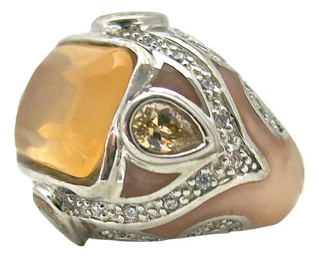Rectangular Peach MOP Ring with Chalcedony 