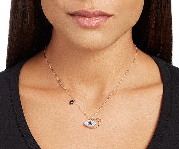 Swarovski Symbolic necklace, Moon, infinity, hand, evil eye and horseshoe,  Blue, Rose gold-tone plated