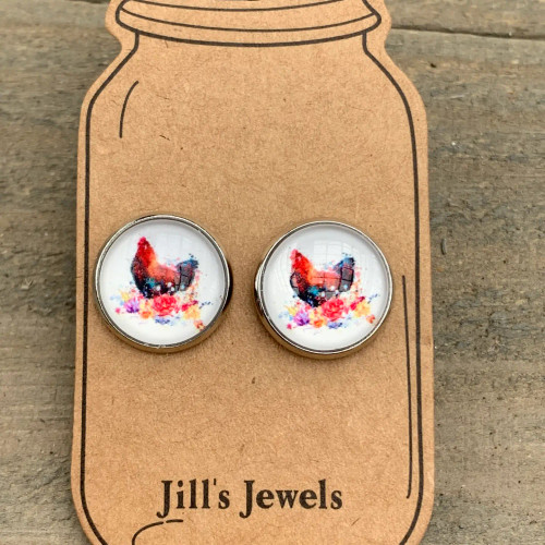 Watercolor Chicken Stud Earrings / Jill's Jewels