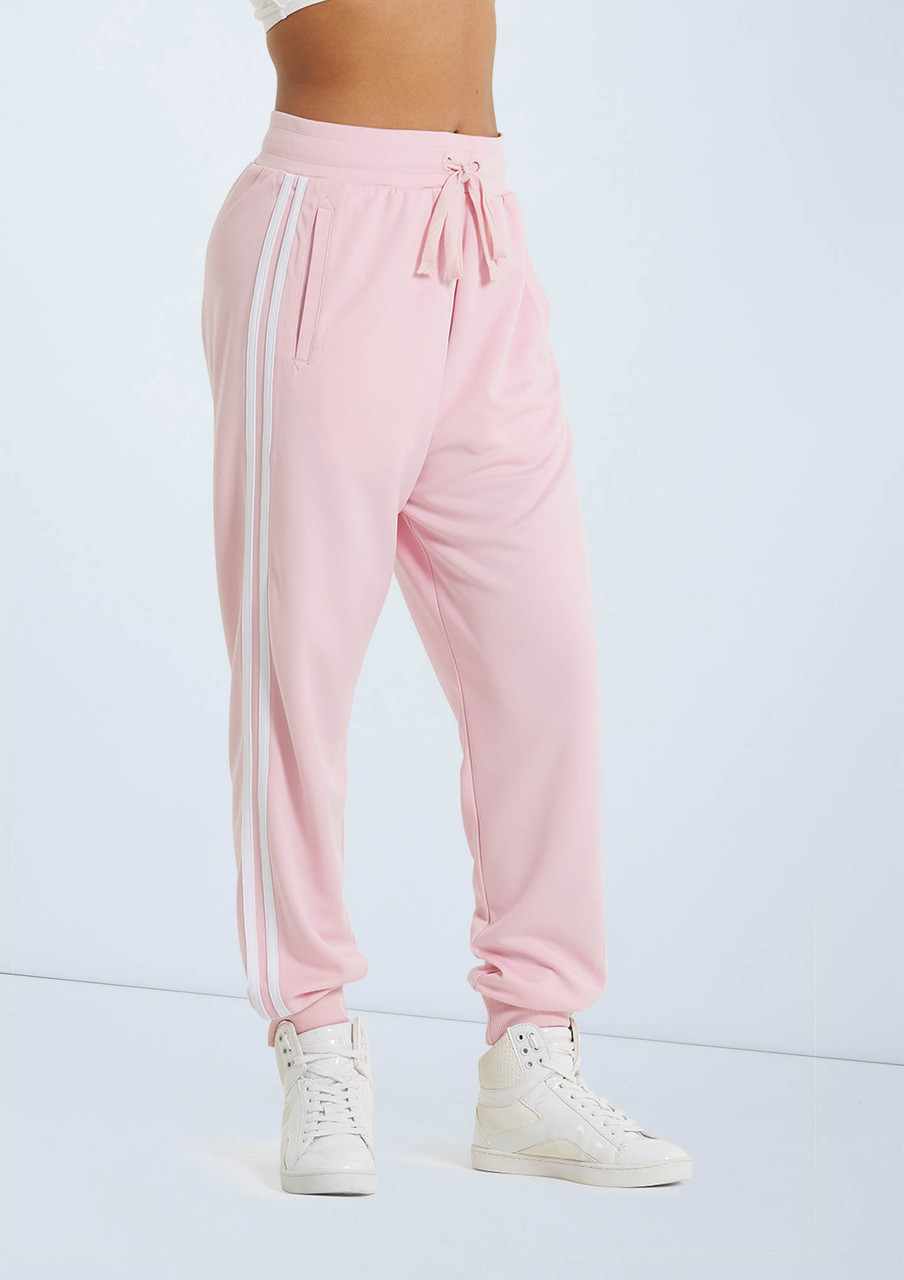 Pink White Striped Women's Joggers, Vertical Stripe Modern Circus  Sweatpants-Made in EU