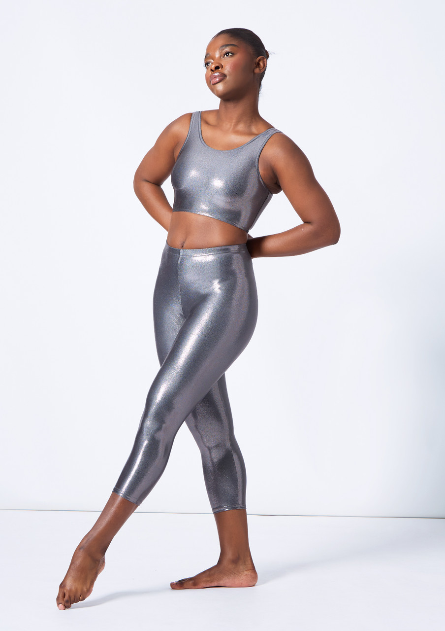 Workout Leggings Grey Shiny Leggings Alegra Metallic Crop Leggings