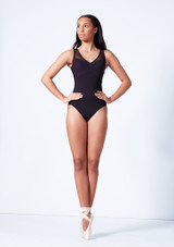 Mirella Open Back Chevron Rib Panel Leotard Black Front [Black]