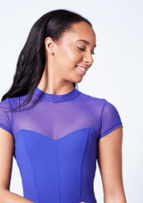 Mirella Cap Sleeve Chevron Rib Panel Leotard Blue Front 2 [Blue]
