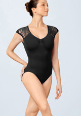 Mirella Lace Cap Sleeve Leotard Black Front 1 [Black]