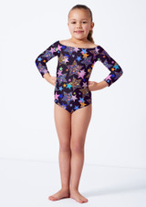 3/4 sleeve slash neck leotard FST Front [Patterned]