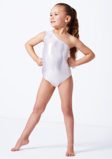 Alegra Girls Metallic Dottie Asymmetric Leotard Silver Front 4 [Silver]