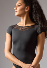 Cap sleeved lace leotard Black Front 5 [Black]