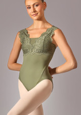Move Dance Juniper Sleeveless Lace Leotard Khaki Front [Green]