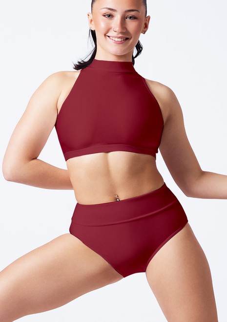 Alegra Shiny Electra Racer Crop Top Burgundy Front [Red]
