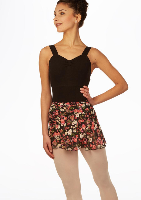 Move Dance Floral Wrap Dance Skirt - Black Black Front [Black]