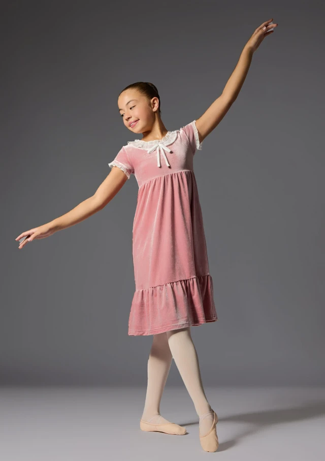 Velour dress with chiffon collar Rose Pink Front 4 [Pink]