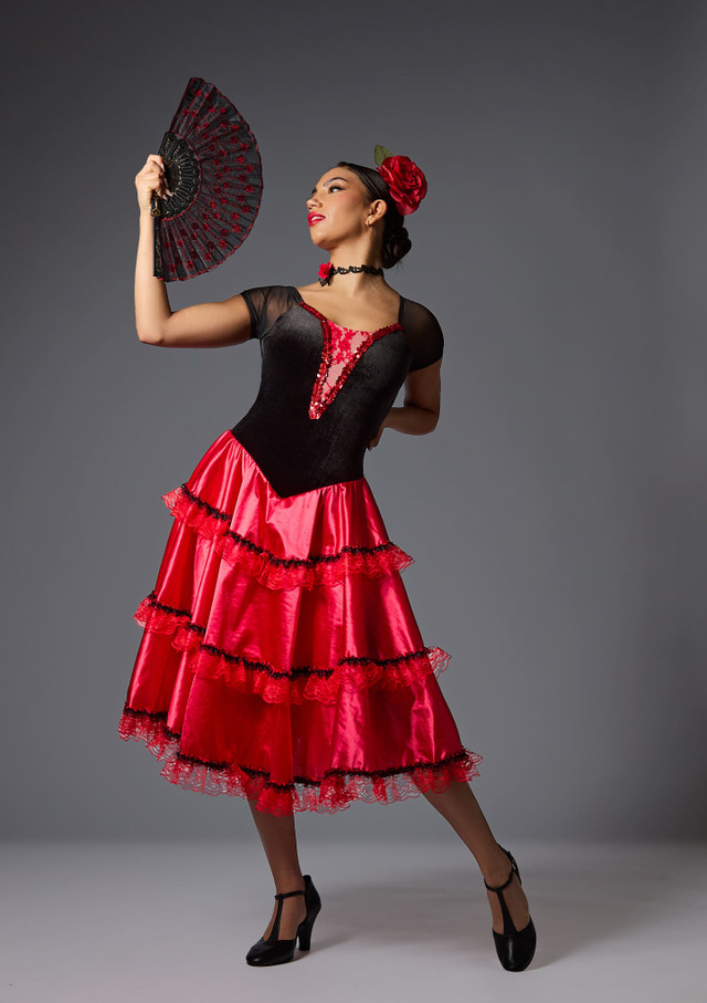 Spanish ruffle with fan,choker & rose Red-Black Front [Red]