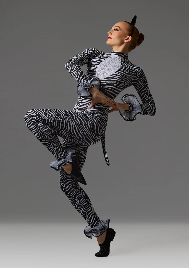 Zebra printed catsuit with sequin panels, tail , head band and ruffles Black-White Front [Black]