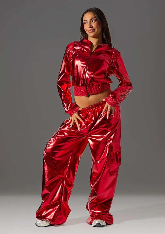 Metallic Hip Hop Bomber Jacket /contrast sequin panels Red Front [Red]