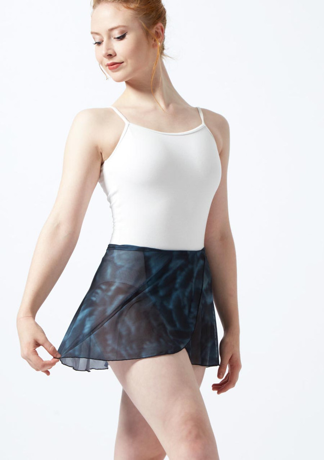 Ballet Rosa Printed Stretch Mesh Wrap Skirt Black Front [Black]