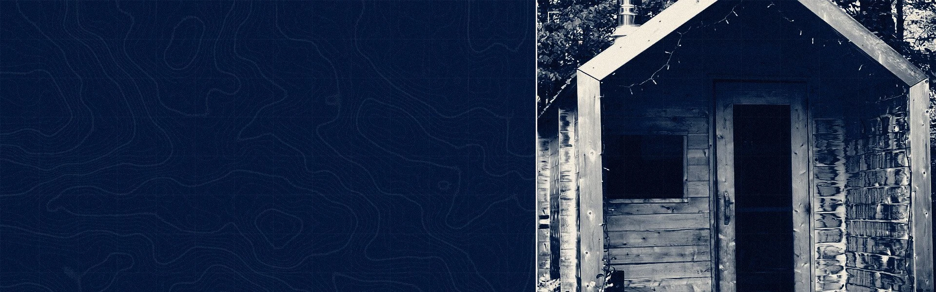 A weathered wooden cabin with a peaked roof and a string of lights along the roofline, tinted dark blue, beside a navy topographic-map pattern