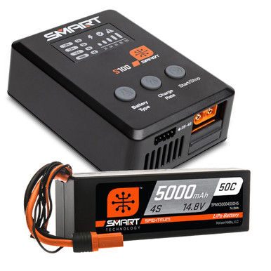 Spektrum Smart 5000mAh 4S 50C IC5 LiPo Battery Powerstage Bundle with S100 Charger