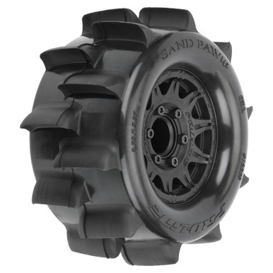Proline Sand Paw HP Belt 2.8in Sand Truck Tyres Mounted on Raid Black Wheels, 2pcs