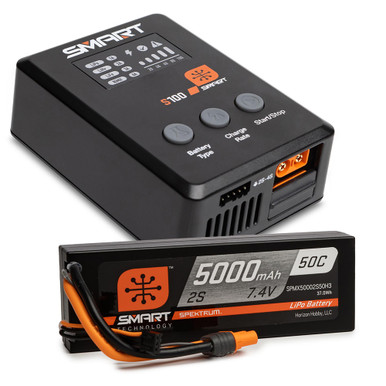 Spektrum Smart 5000mAh 2S 50C IC3 LiPo Battery Powerstage Bundle with S100 Charger