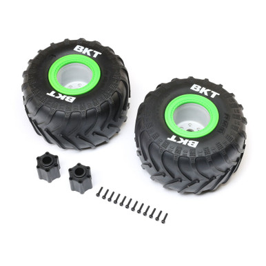 Losi BKT 2.6in Medium Compound Monster Truck Tyre mounted on Green Wheels, LMT 2.0