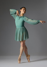 Long sleeved dress with pleated neck trim Verde Juniper Front 5 [Verde]