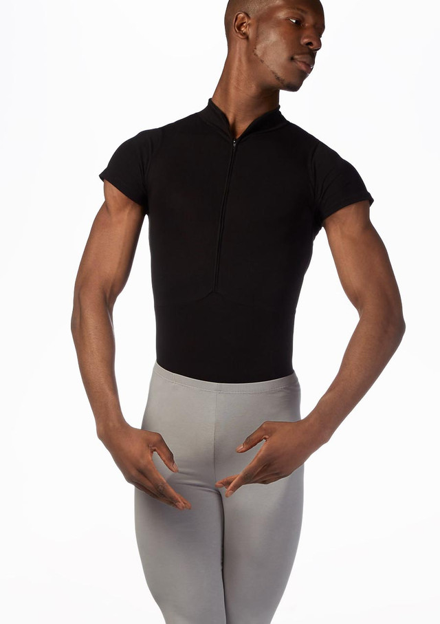Maillot de Ballet Hombre con Manga Corta y Cremallera Ballet Rosa Negro Delante [Negro]